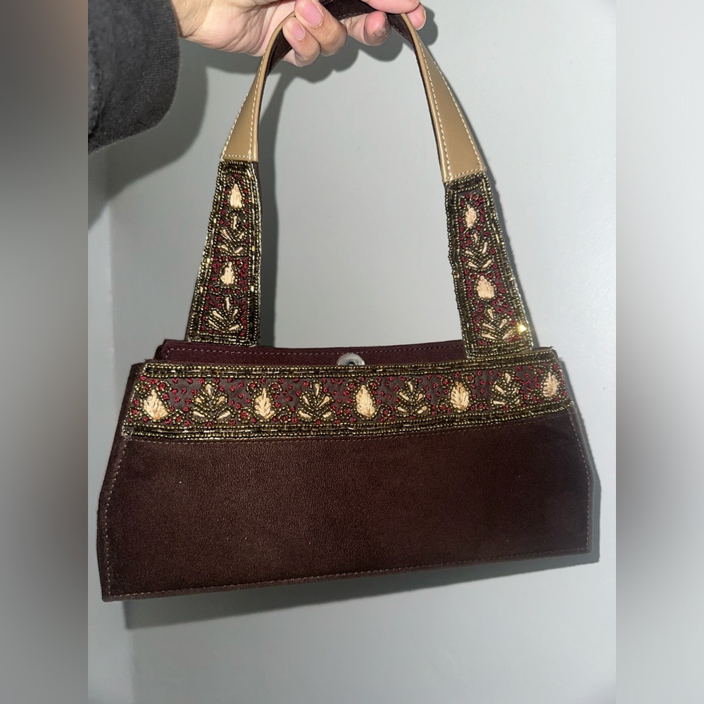 Brown suede beaded shoulder bag